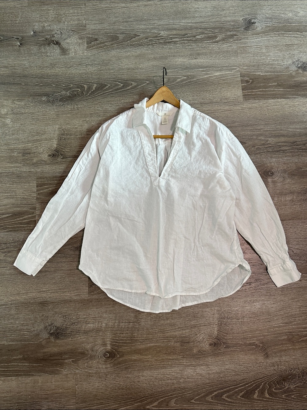 H&M White Linen-Blend Long-Sleeve Pullover Shirt Oversized Linen Cotton